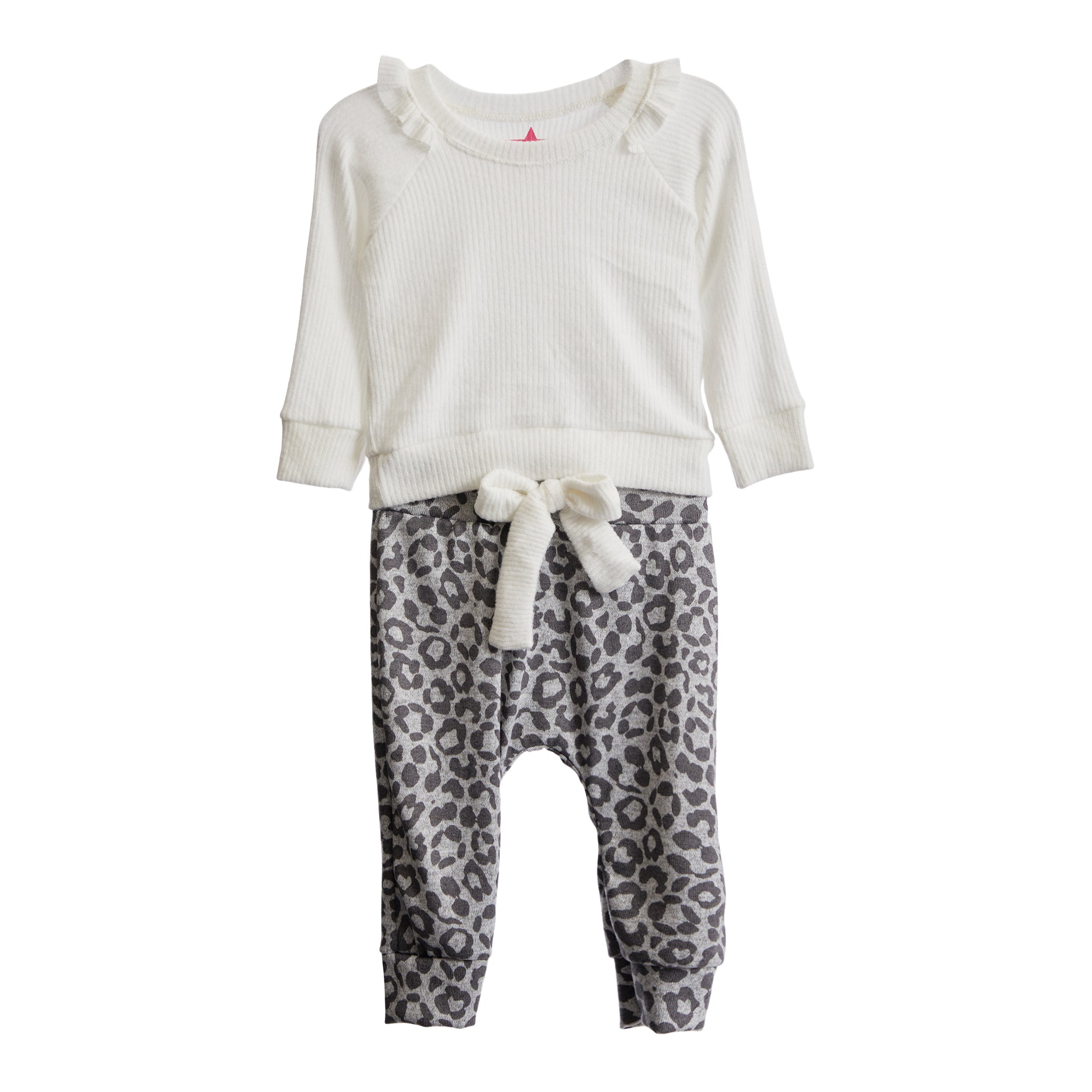 2pc Ivory Knit Ruffle Top & Cheetah Pant Set - Denny's