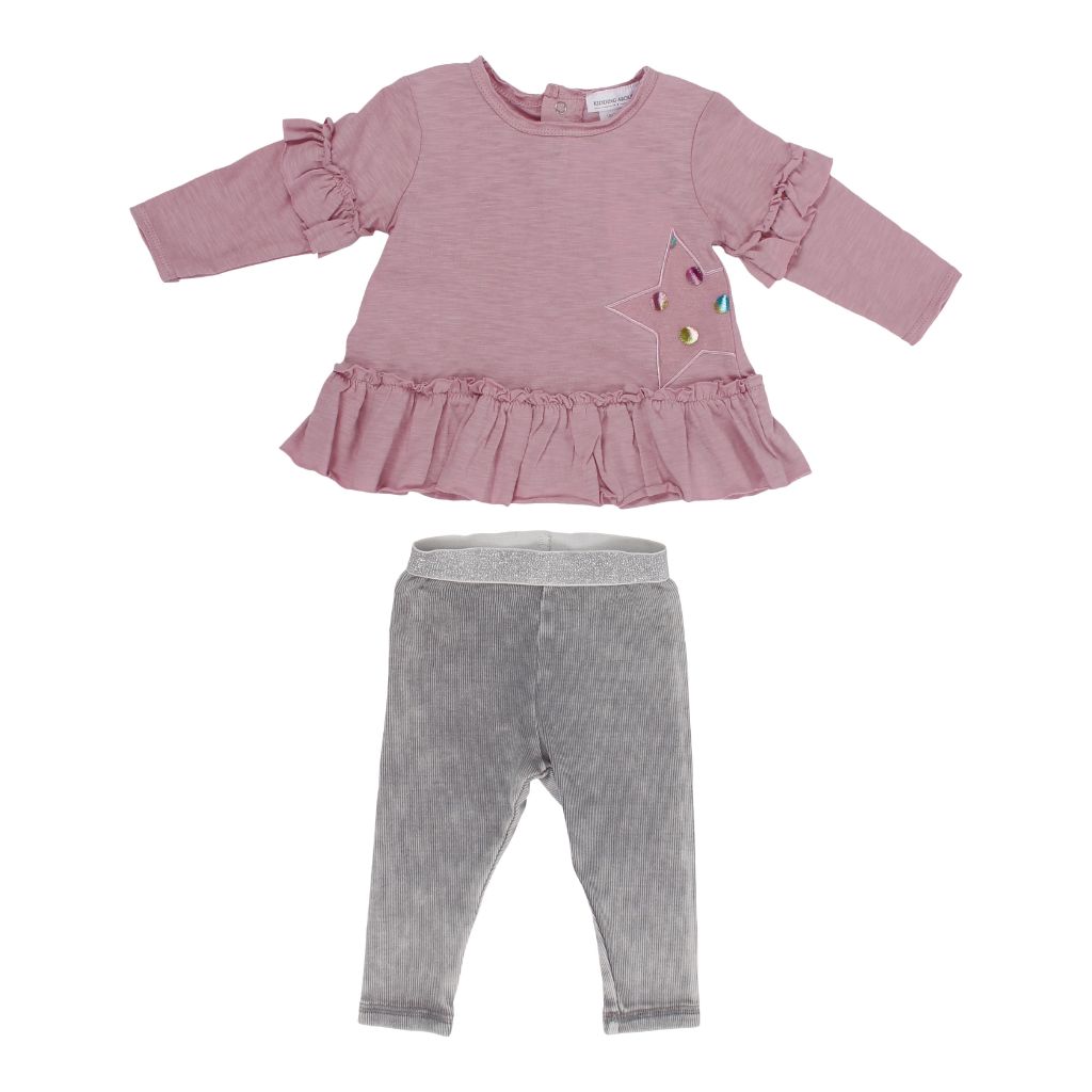 Two Piece Set with Pink Ruffle Top & Grey Leggings - Denny's
