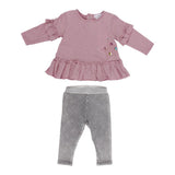 Two Piece Set with Pink Ruffle Top & Grey Leggings - Denny's