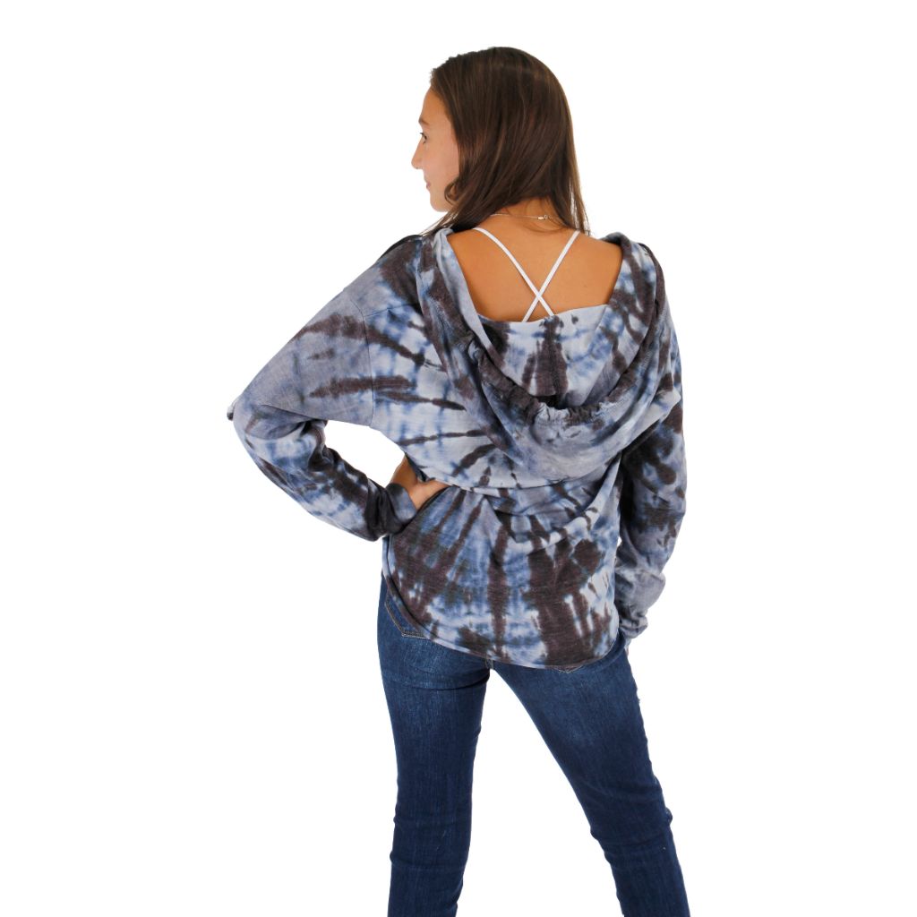 Long Sleeve Black Grey Tie Dye High Low Hoody - Denny's