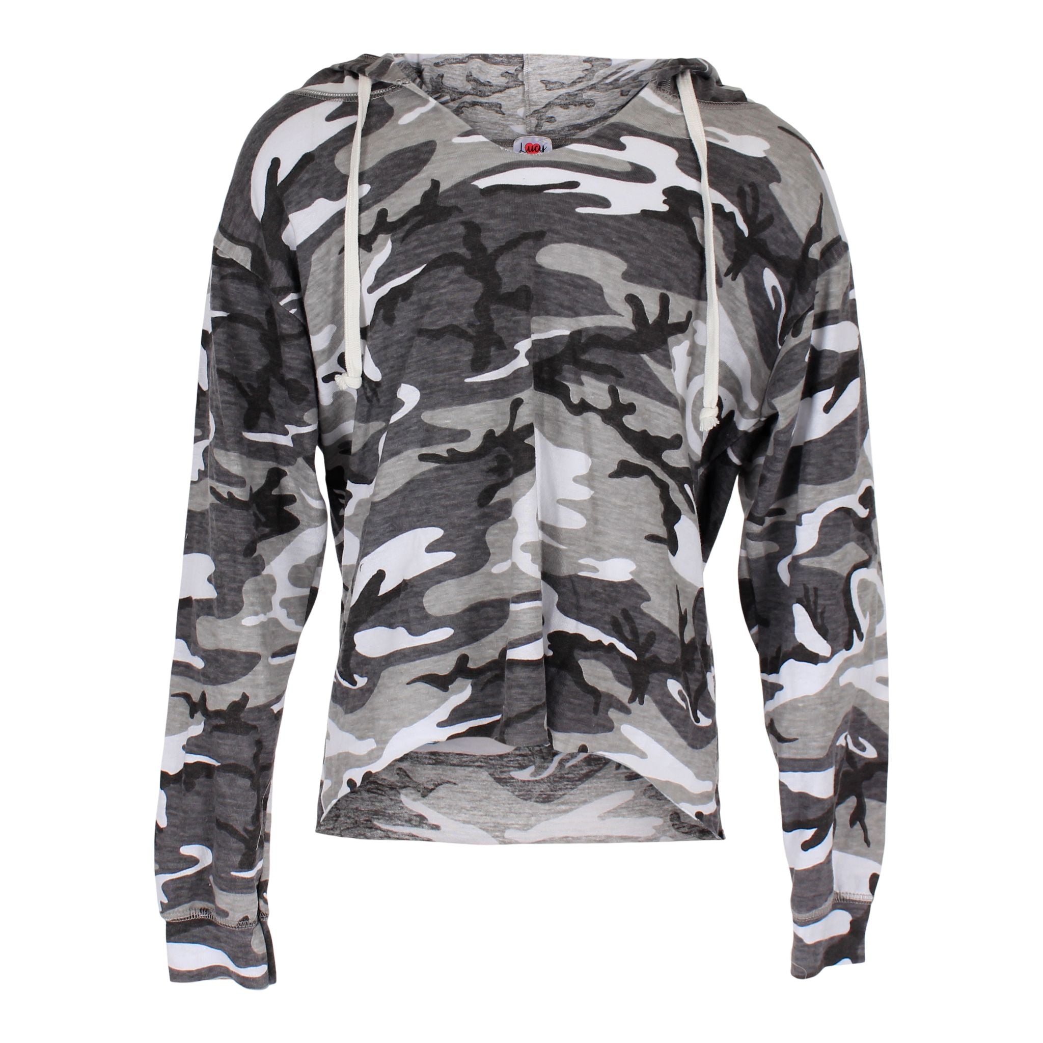 Long Sleeve Hooded Camo Raw Edge High Low - Denny's
