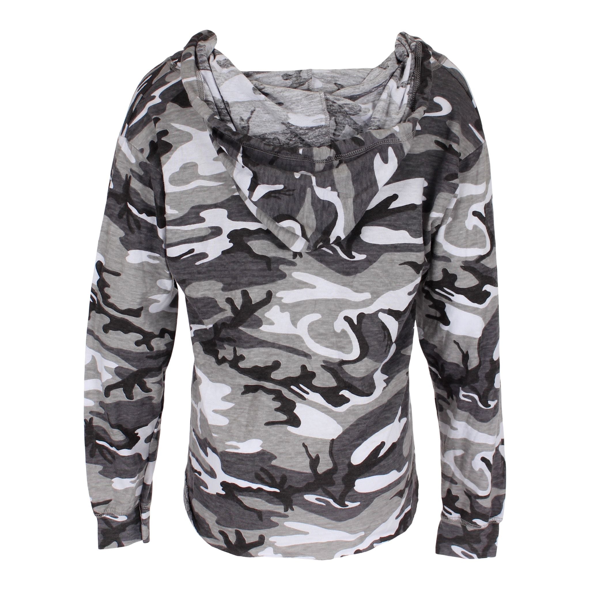Long Sleeve Hooded Camo Raw Edge High Low - Denny's
