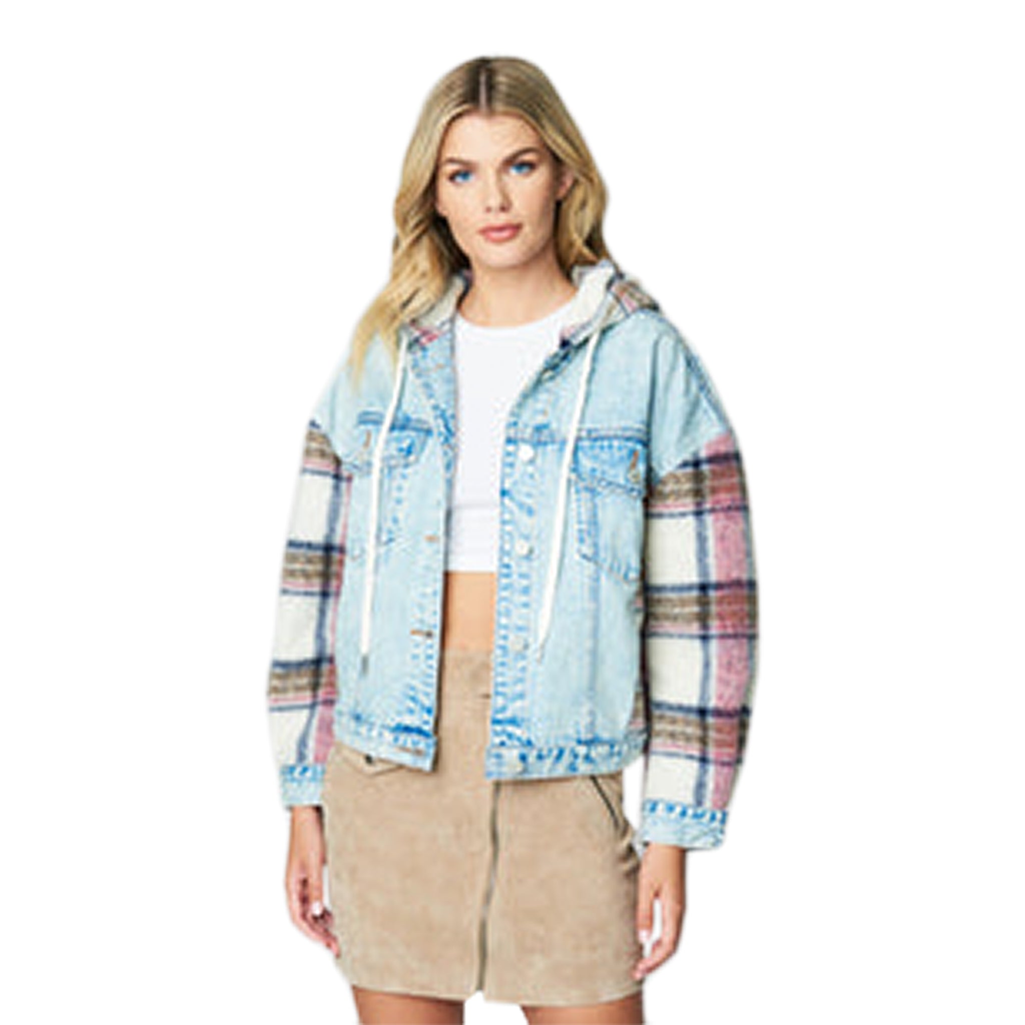 Star Flower Plaid Sleeve Denim Jacket - Denny's