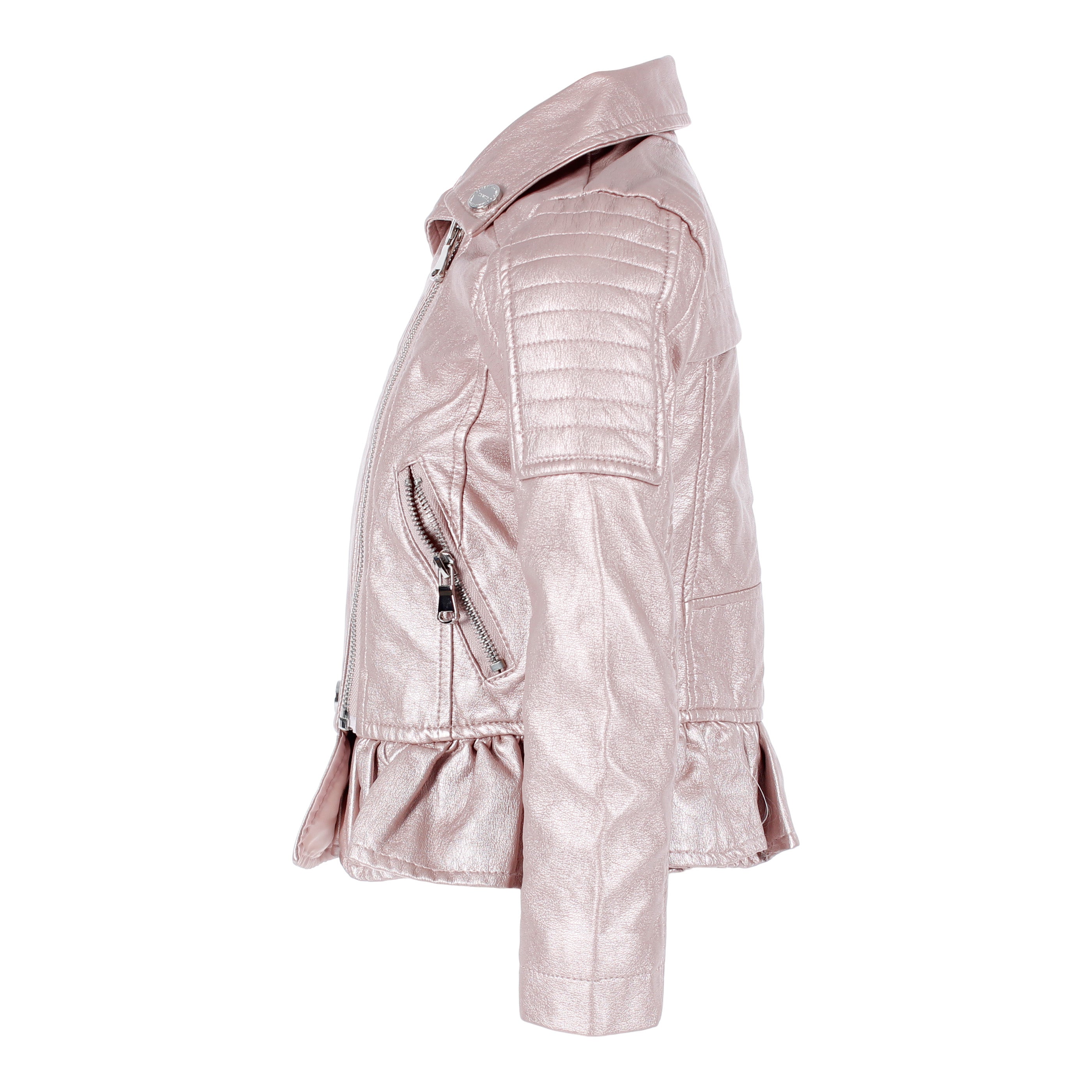 Metallic Faux Leather Moto Jacket with Ruffle Bottom - Denny's