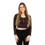 Long Sleeve Ribbed Crop Henley with Snaps - Denny's