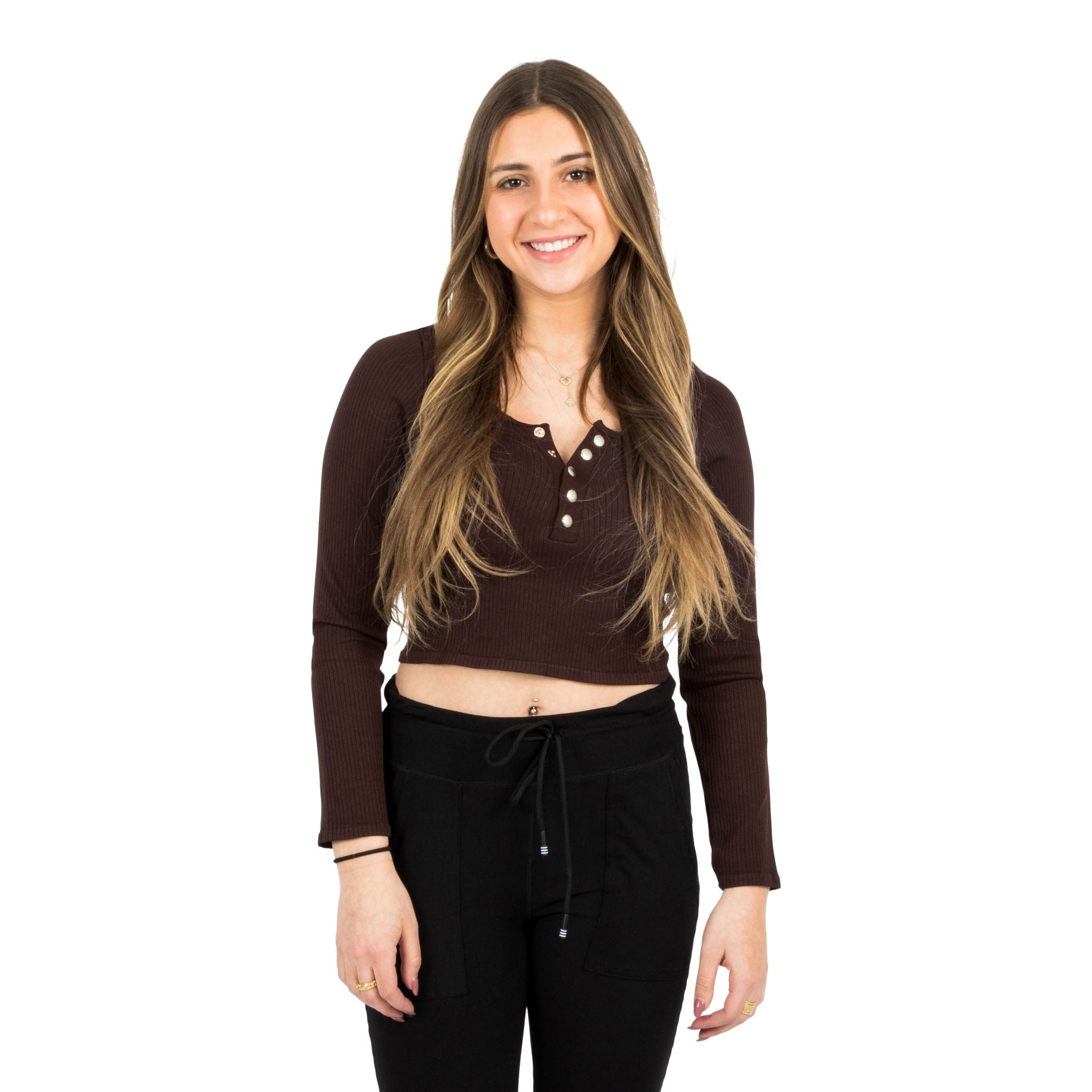 Long Sleeve Ribbed Crop Henley with Snaps - Denny's