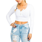 Long Sleeve Ribbed Crop Henley with Snaps - Denny's