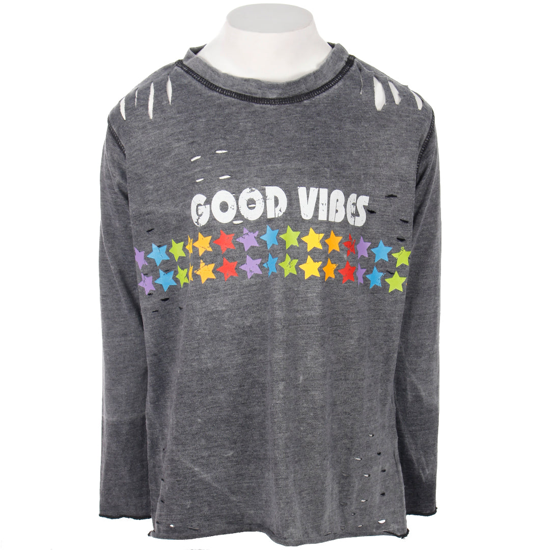 Long Sleeve Cutouts Top with Good Vibes and Primary Stars - Denny's