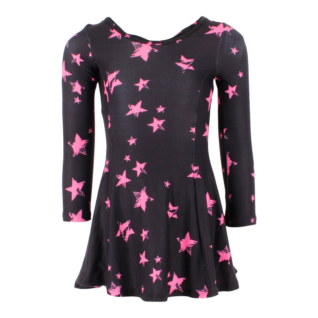 Long Sleeve Fit n Flare Dress with Neon Pink Stars - Denny's
