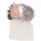Ivory Cap with Light Grey,White, Salmon and Mauve Tri Pom Pom - Denny's