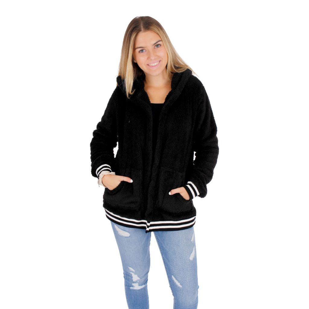 Stripe Band Fuzzy Open Cardigan - Denny's