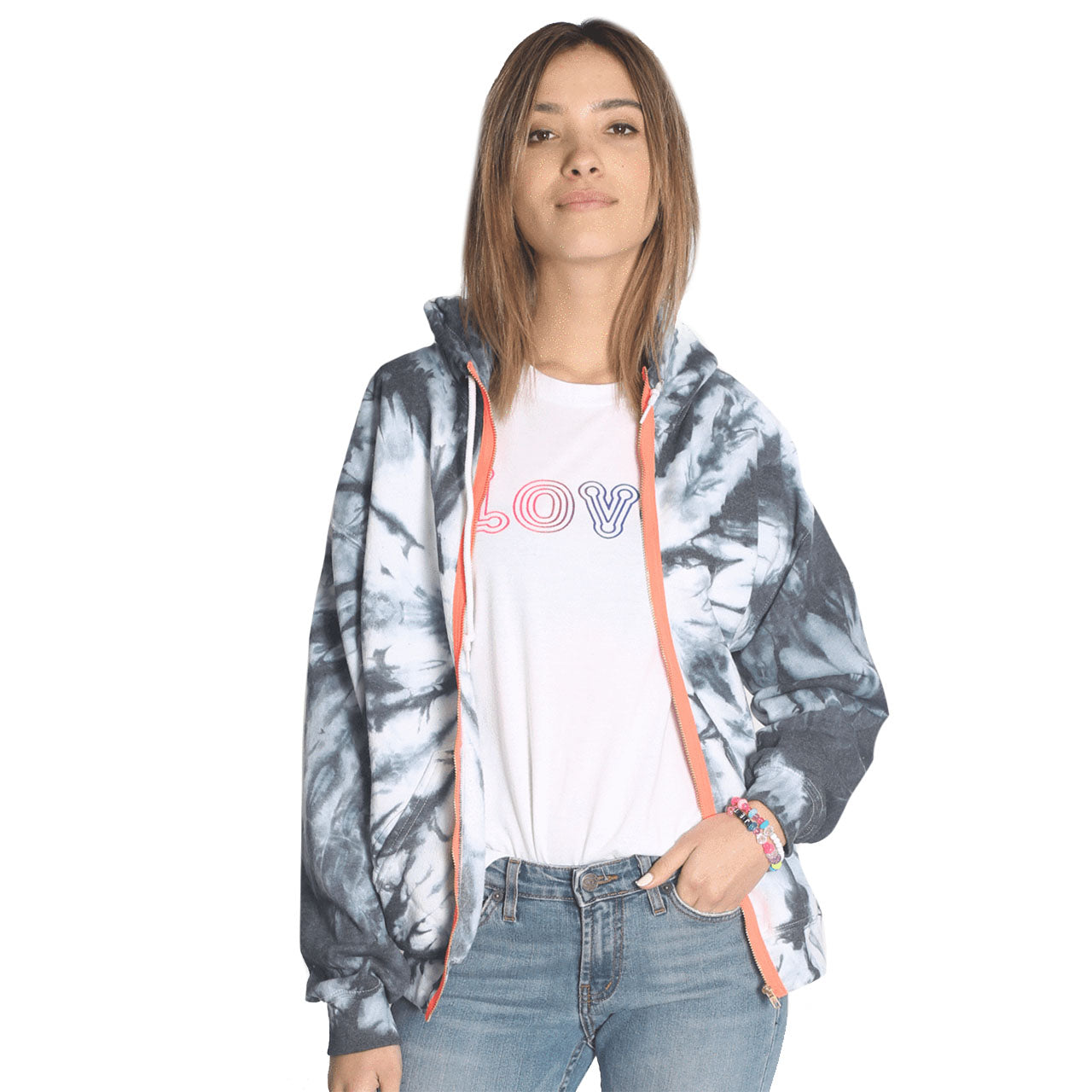 Tie Dye Orange Zipper Hoodie - Denny's