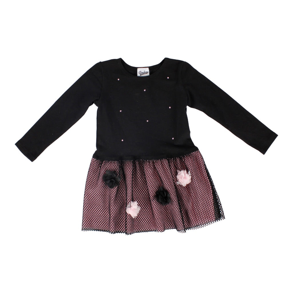 Long Sleeve Mesh Bottom Dress wit Pink Underlay and Pink Scattered Sones and Rossettes - Denny's