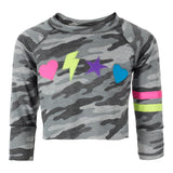 Long Sleeve Cropped Camo Sweatshirt with Neon Appliques - Denny's