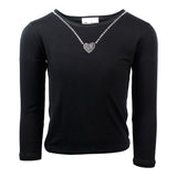 Long Sleeve Tee w Hrt Necklace Rhinestone Slv Hrt - Denny's