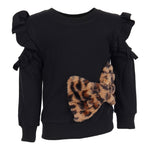 Long Sleeve Cold Shoulder Ruffle Sweatshirt with Leopard Fur Bow - Denny's
