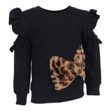 Long Sleeve Cold Shoulder Ruffle Sweatshirt with Leopard Fur Bow - Denny's