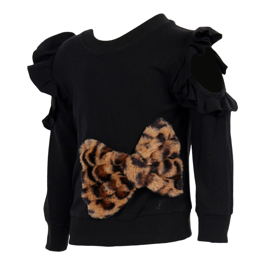 Long Sleeve Cold Shoulder Ruffle Sweatshirt with Leopard Fur Bow - Denny's