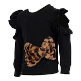 Long Sleeve Cold Shoulder Ruffle Sweatshirt with Leopard Fur Bow - Denny's