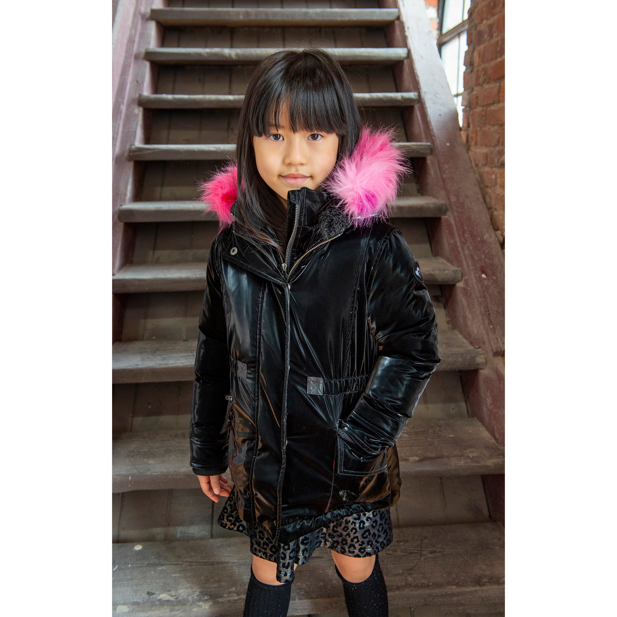 Pink Fur Hood Middle Puffer Coat - Denny's
