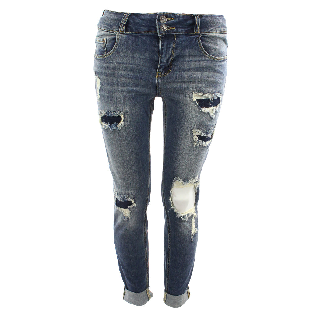 Medium Rise Two Button Mended Patch Skinny Jean - Denny's