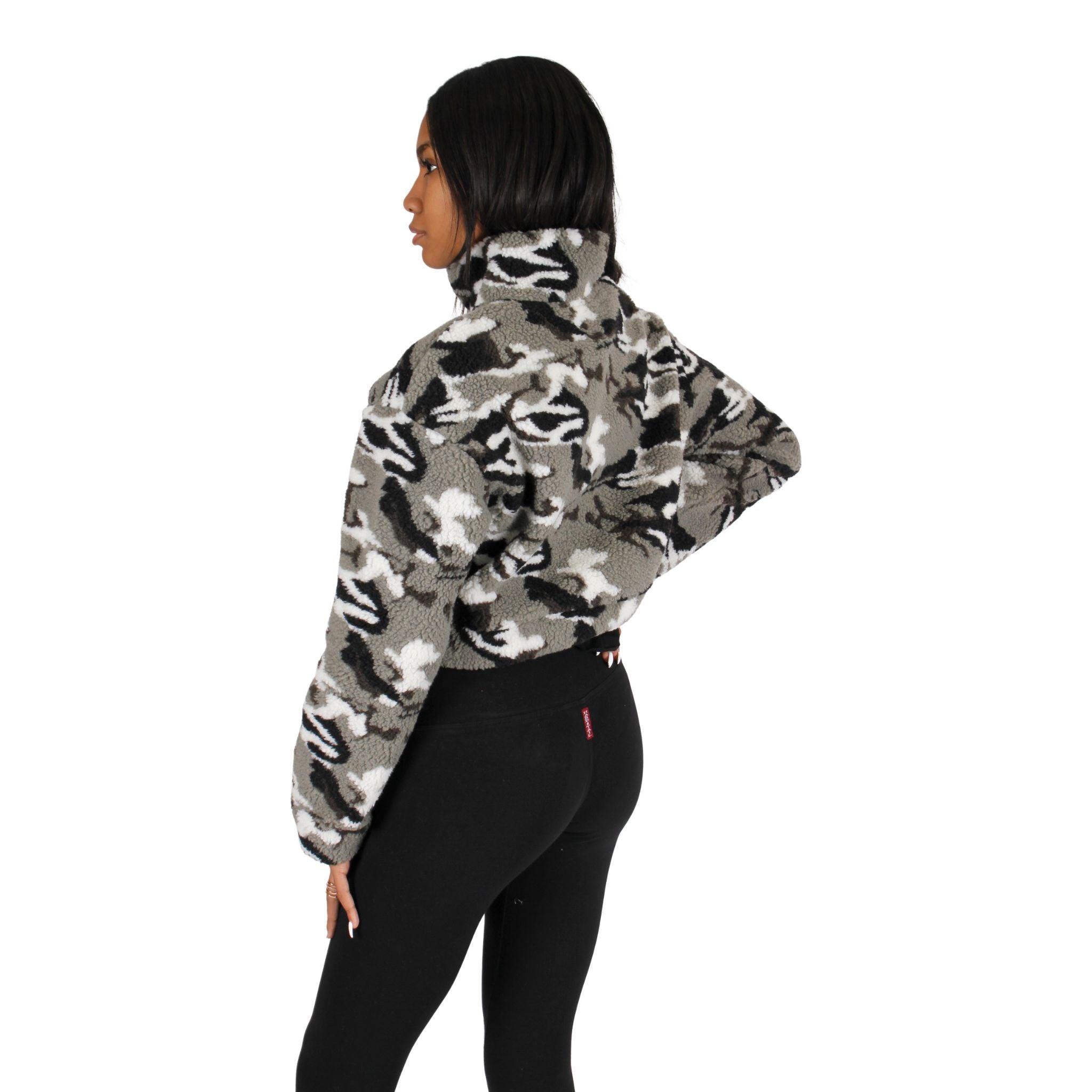 Camo Cropped Fuzzy Knit Sweater with Half Zip and Drawstring Bottom - Denny's