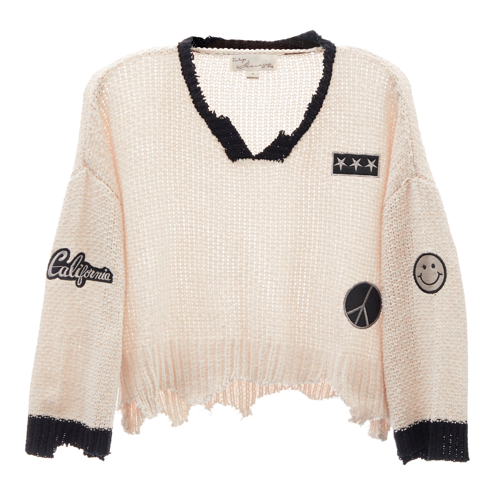 V Neck Patch Chenille Sweater - Denny's
