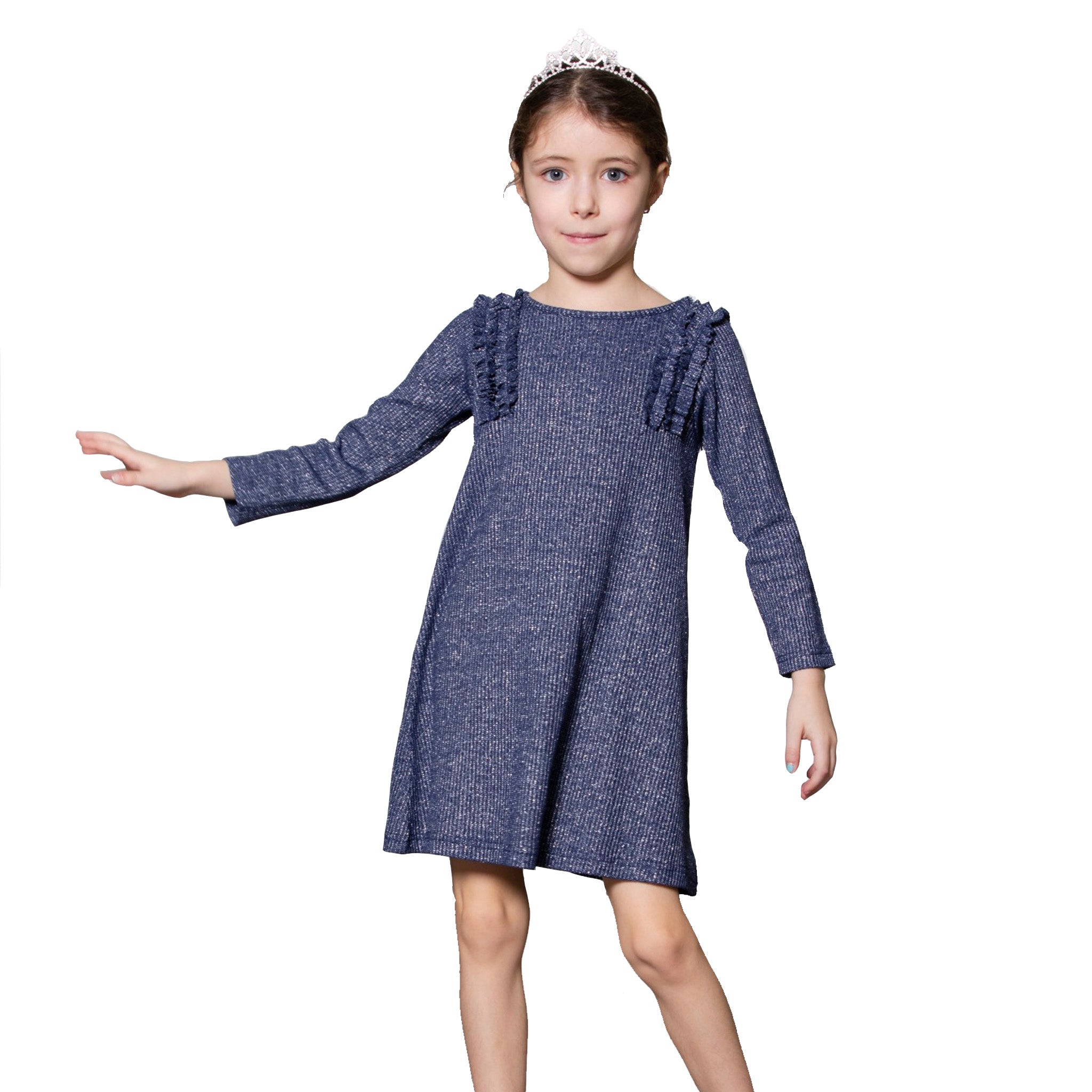Long Sleeve Sparkle Dress with Ruffle Shoulders - Denny's