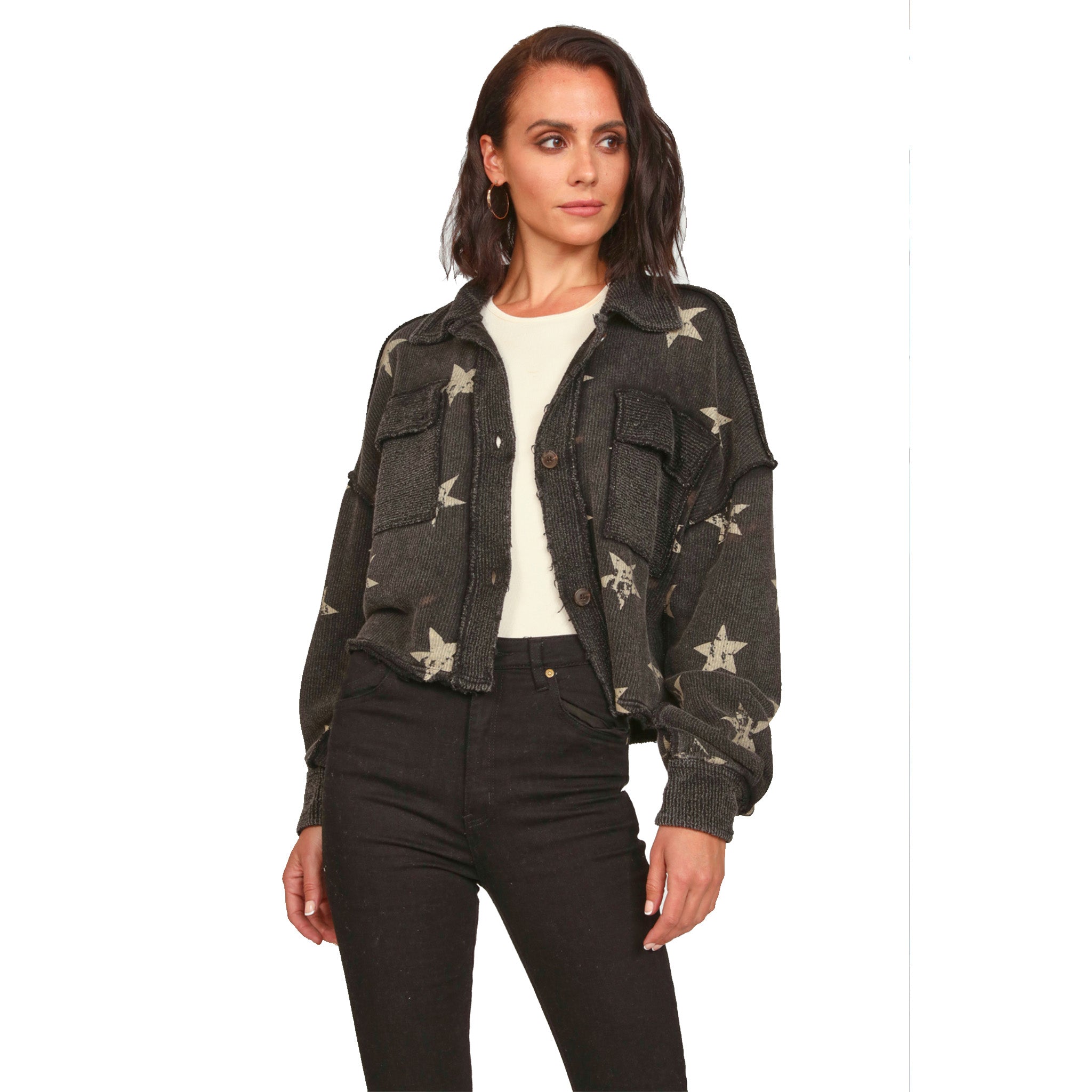 Star Print Washed Terry Shirt Jacket - Denny's