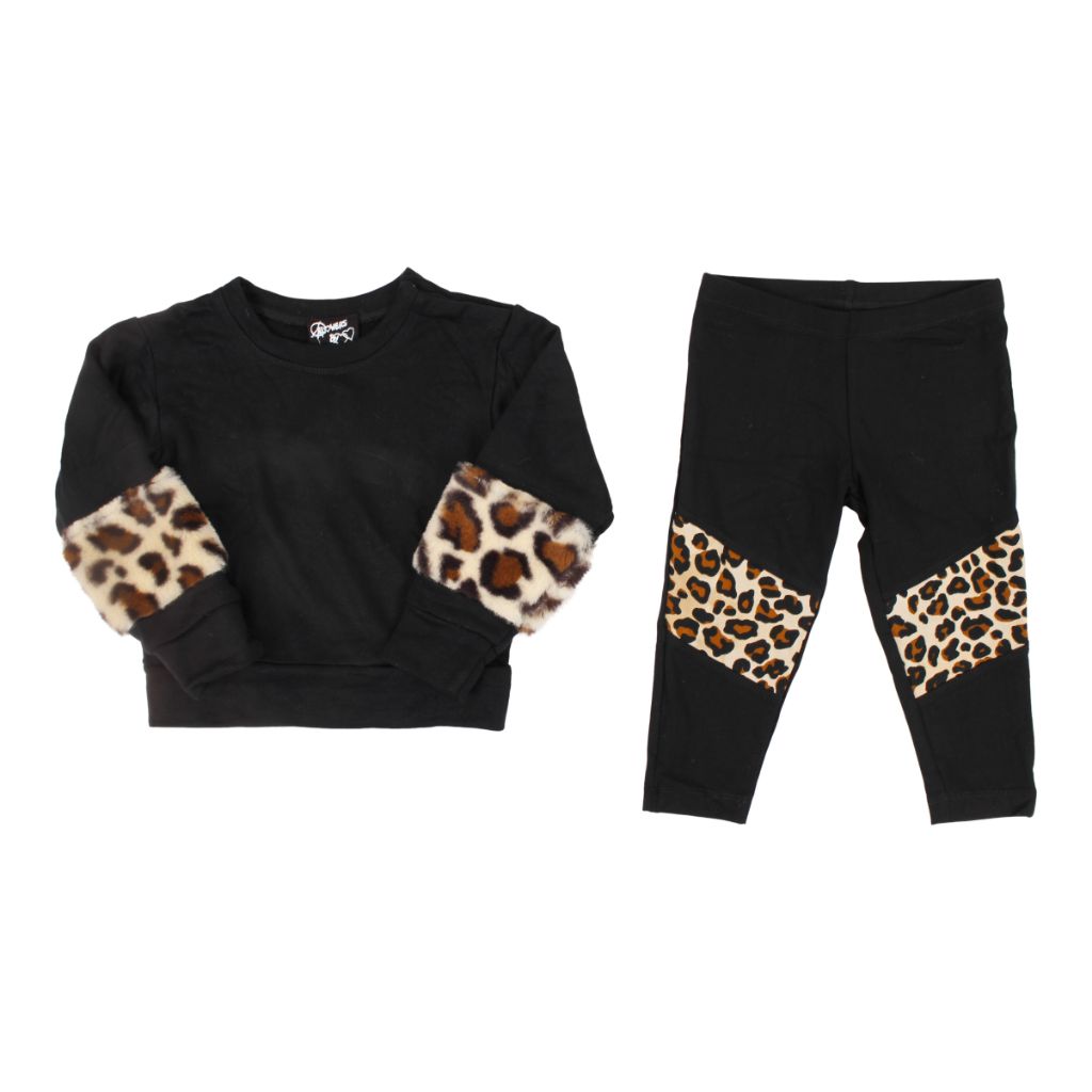 Two Piece Set Black Top with Leopard Fur & Black Legging with Leopard Inserts - Denny's