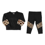 Two Piece Set Black Top with Leopard Fur & Black Legging with Leopard Inserts - Denny's