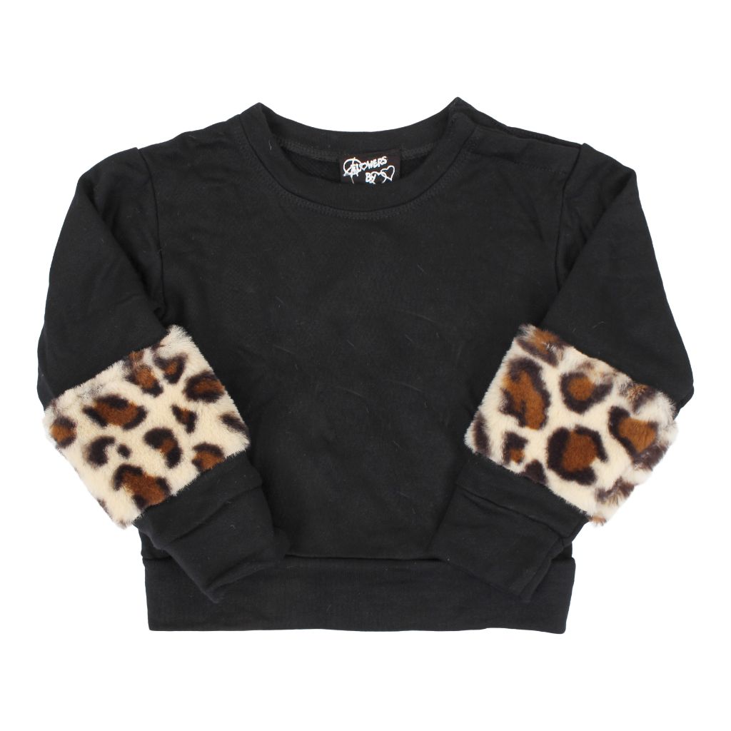 Two Piece Set Black Top with Leopard Fur & Black Legging with Leopard Inserts - Denny's