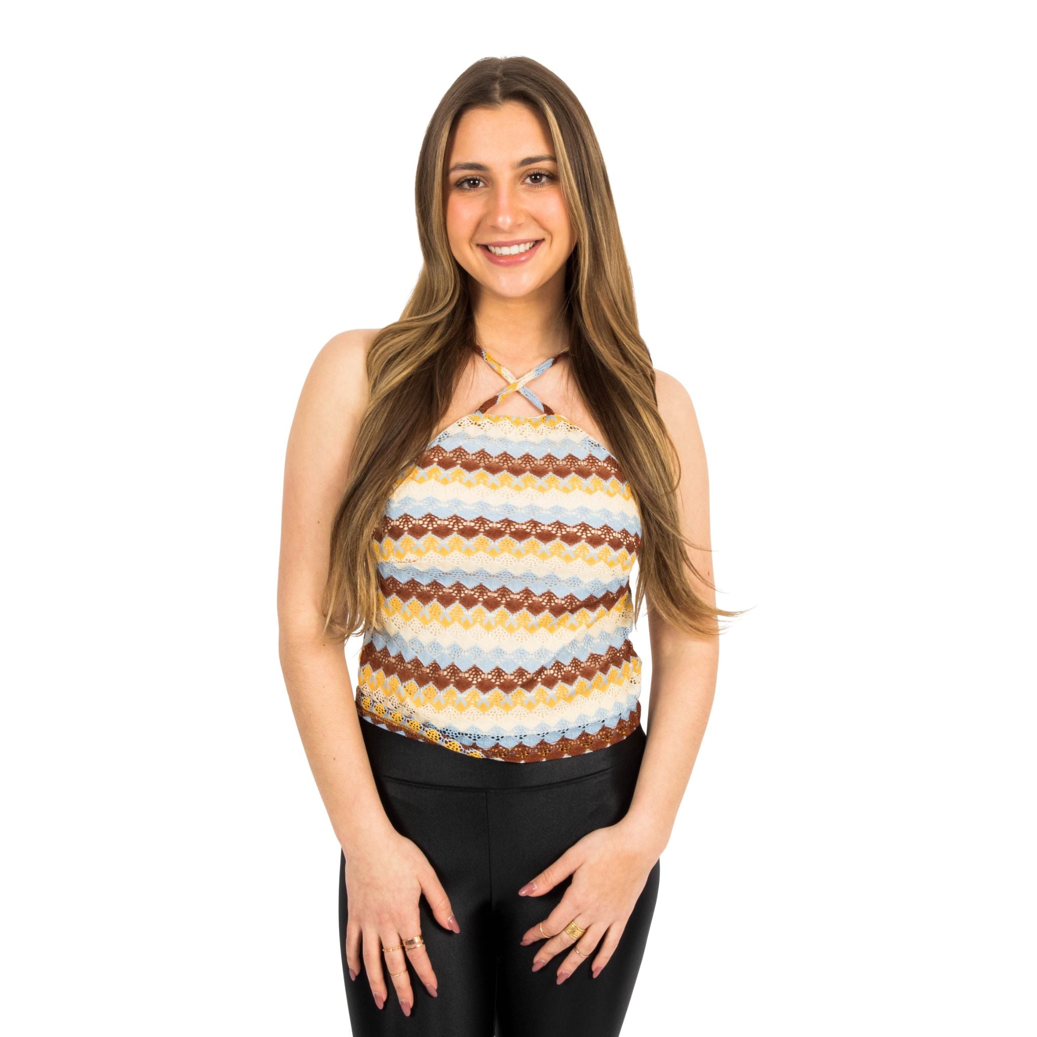 Crochet Stripe Crop Halter Top - Denny's
