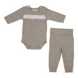 Grey Rib Lace Trim Bodysuit & Pant Set - Denny's