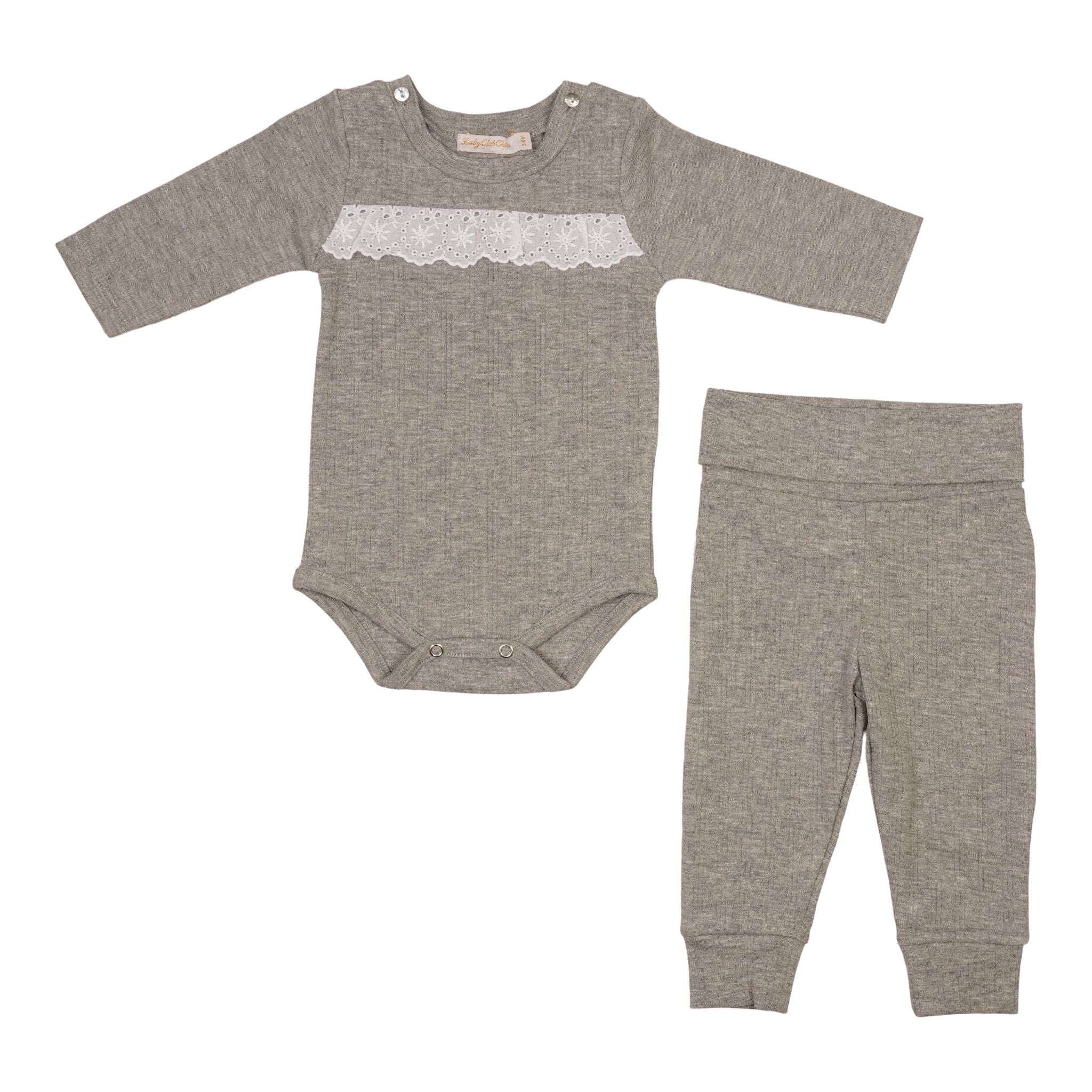 Grey Rib Lace Trim Bodysuit & Pant Set - Denny's