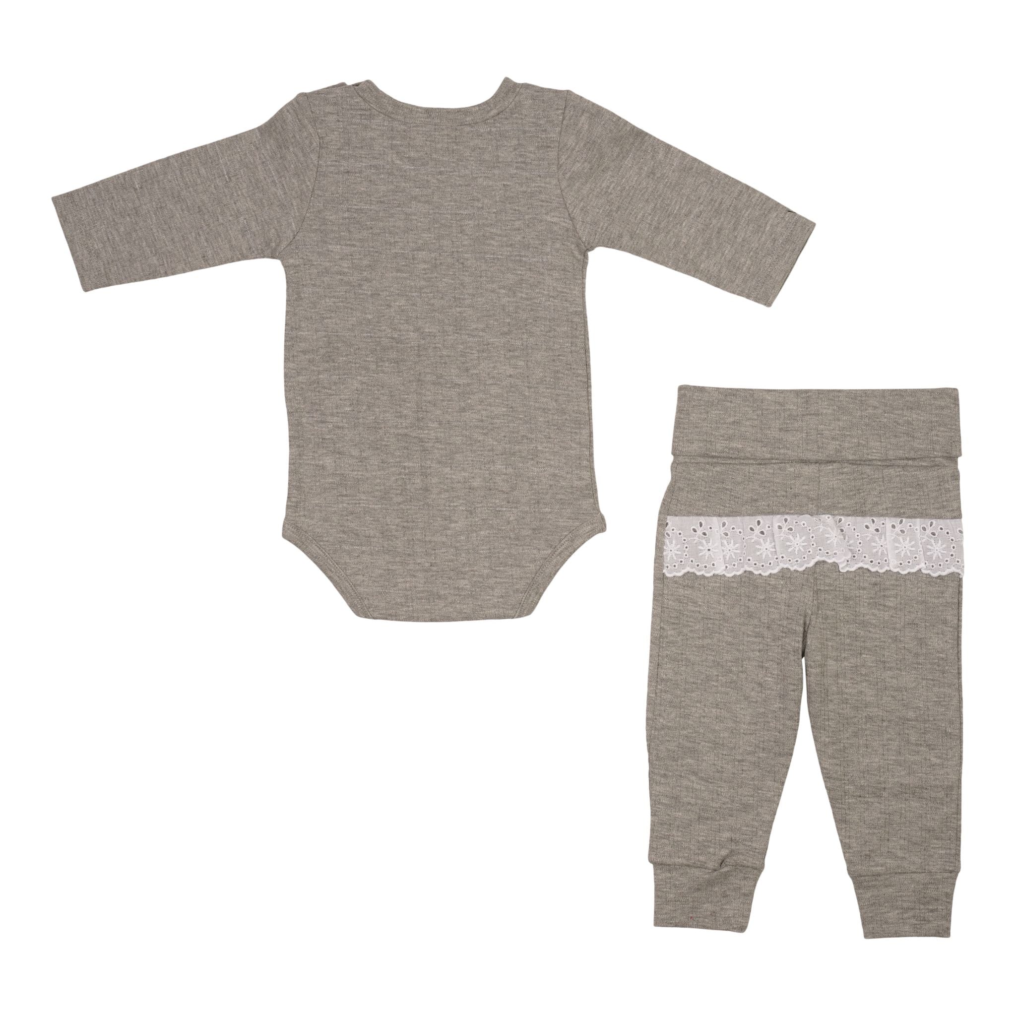 Grey Rib Lace Trim Bodysuit & Pant Set - Denny's