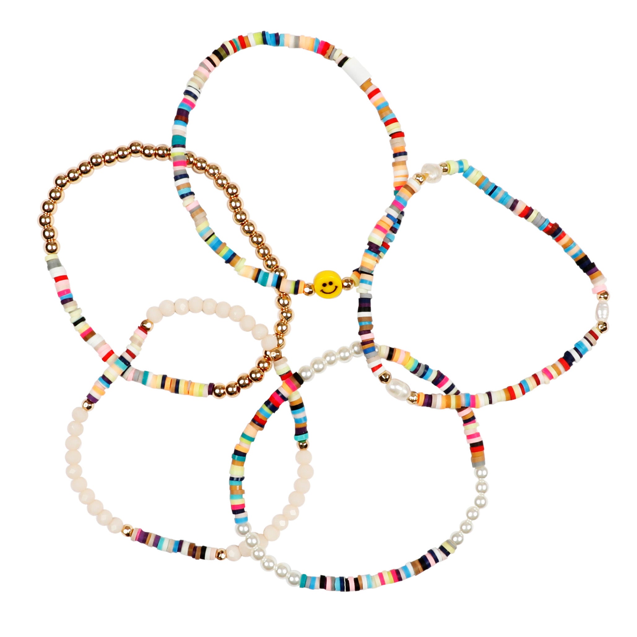 Smiley Rainbow Pearl & Gold Ball Bracelet Set - Denny's