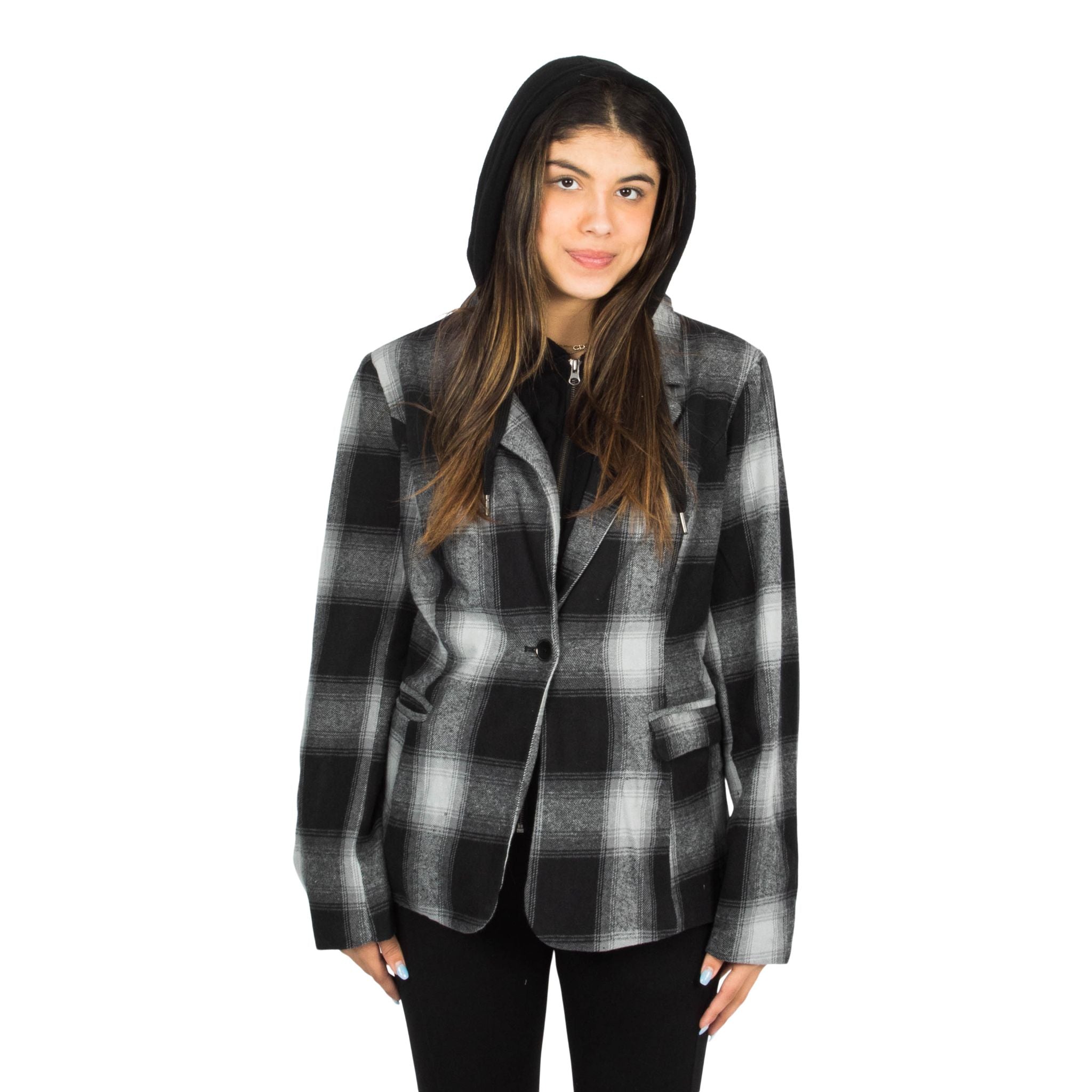 Plaid Fleece Hooded Blazer - Denny's