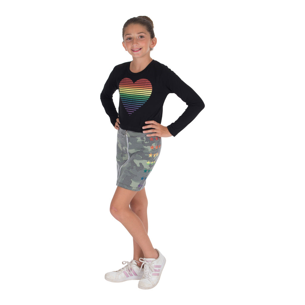Long Sleeve Cropped Tee with Rainbow Striped Heart - Denny's