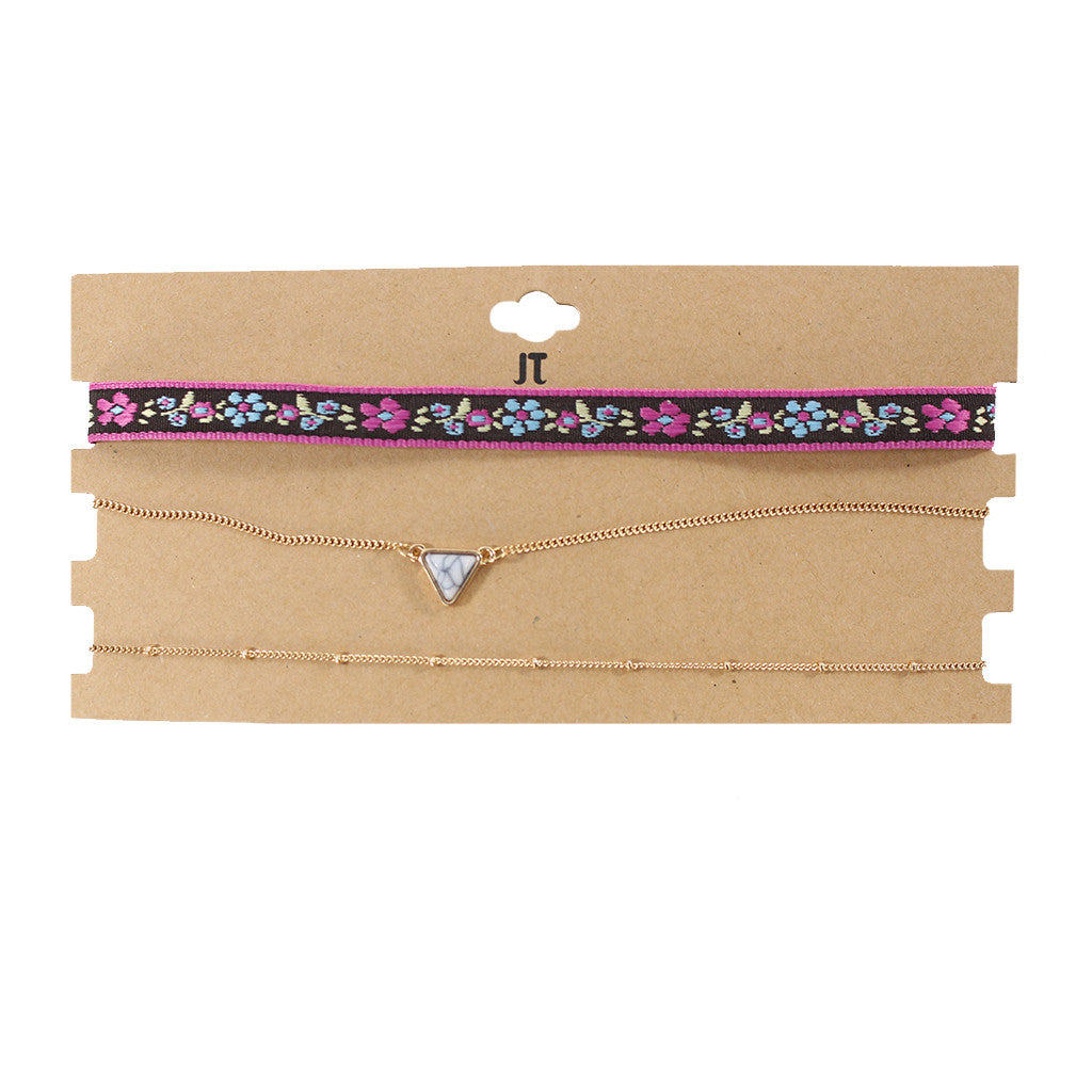 Embroidered Choker Set Triangle Stone - Denny's