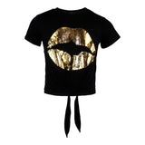 Short Sleeve Front Tie Top with Scattered Lips - Denny's