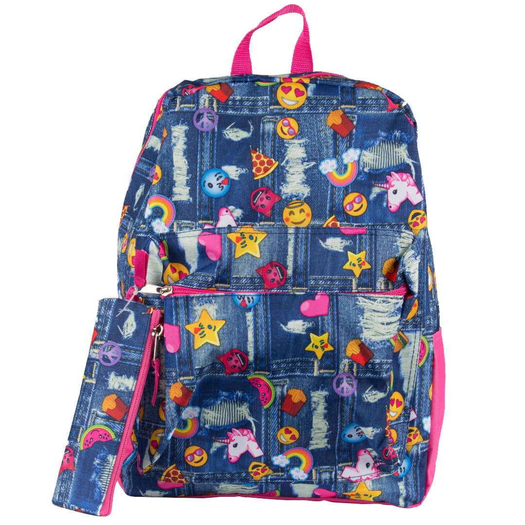 Patchwork Emoji Print Backpack with Pencil Case - Denny's
