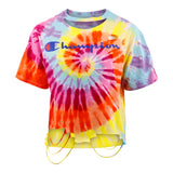 Short Sleeve Mutli TIe Dye Crop Ripped Logo Tee - Denny's