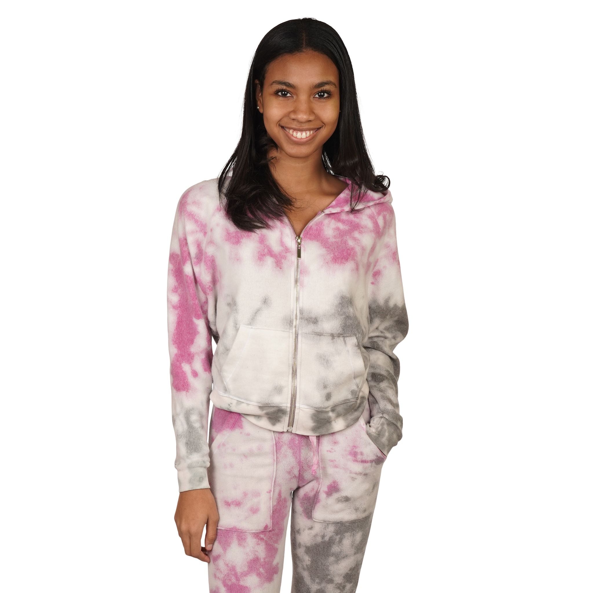 Pink & Grey Reversed Tie Dye Zip Hoodie - Denny's