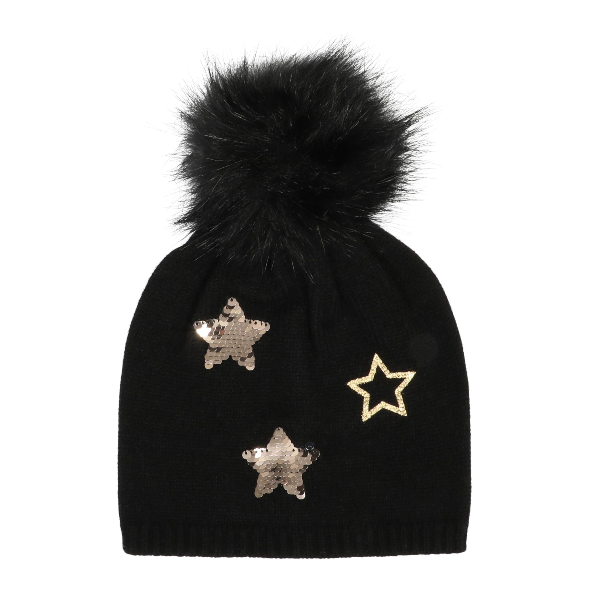 Foil and Flippy Sequin Star Faux Fur Pom Hat - Denny's