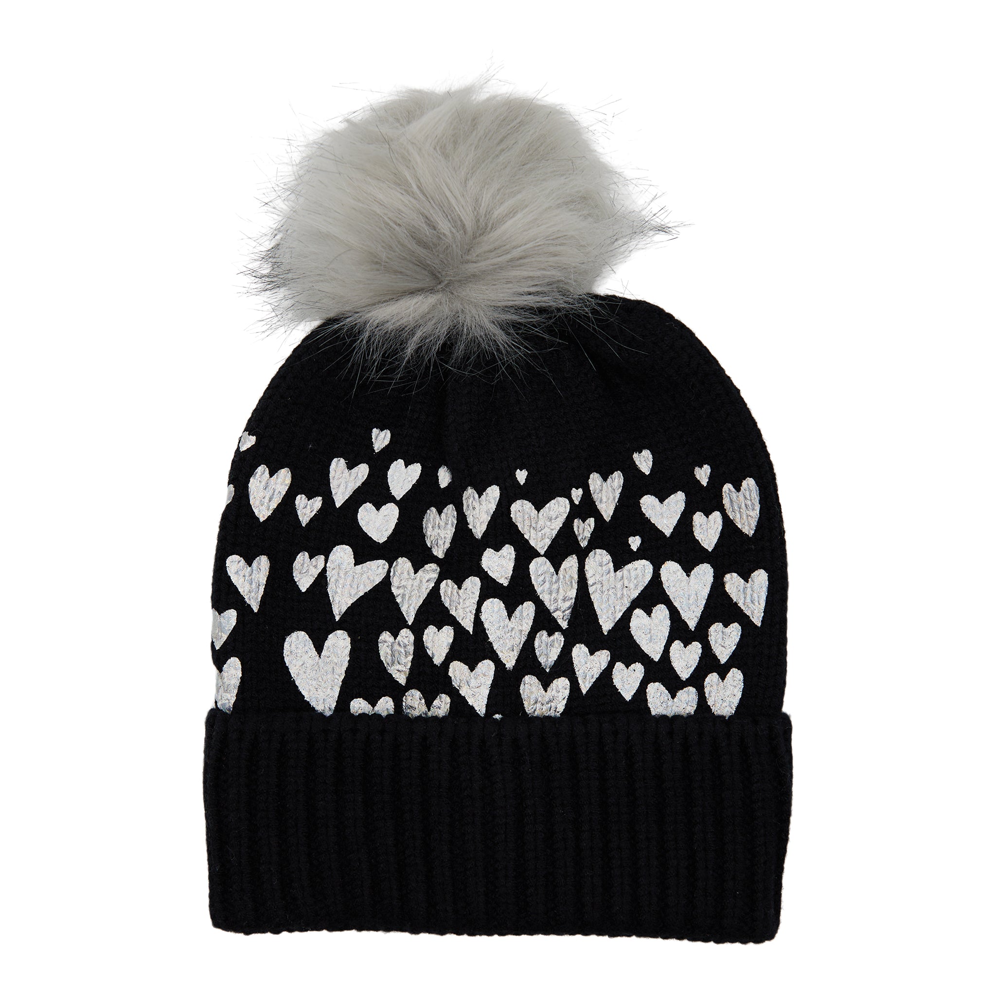 Silver Foil Hearts Faux Pom Beanie - Denny's