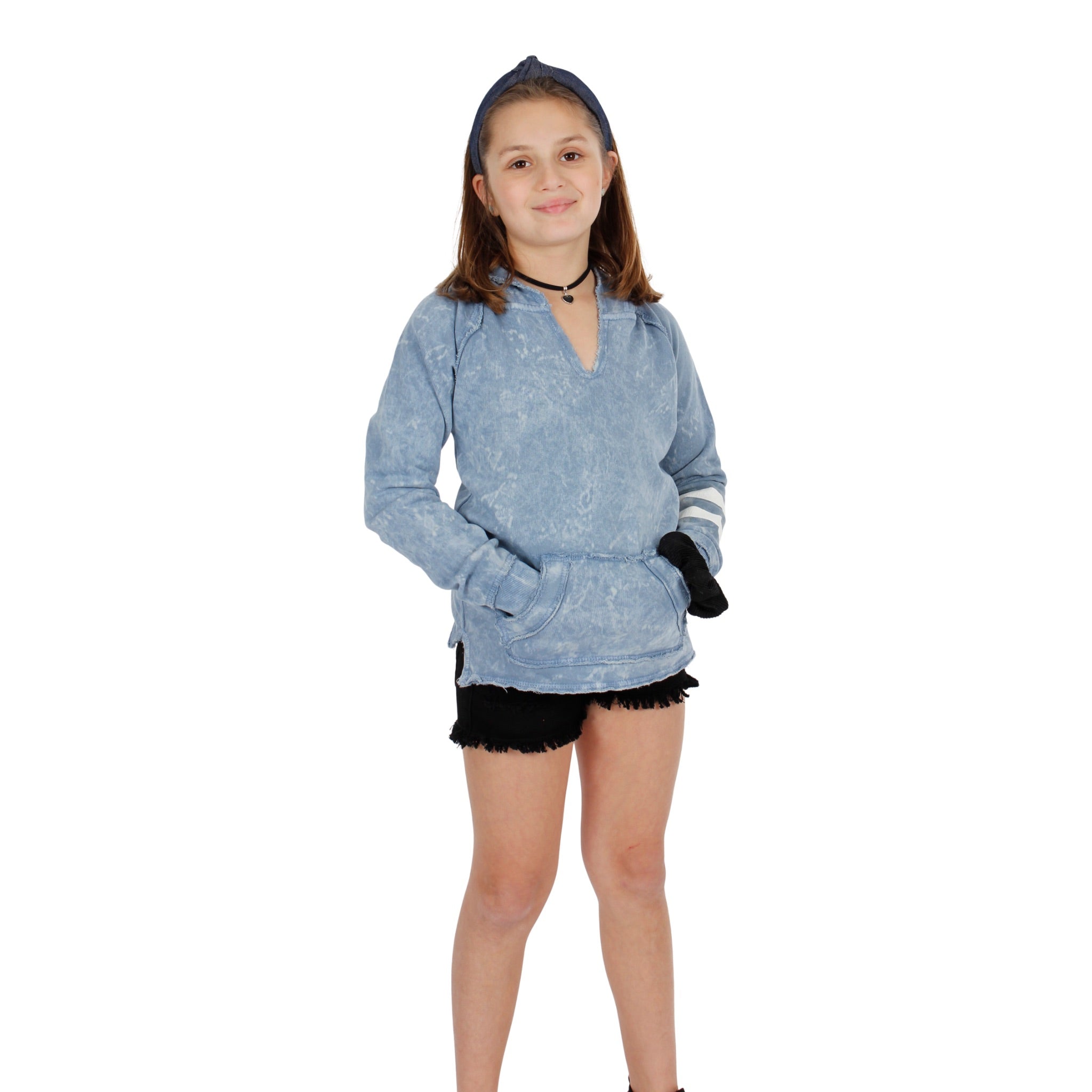 Blue Burnout Hoody with White Stripes on Sleeve - Denny's