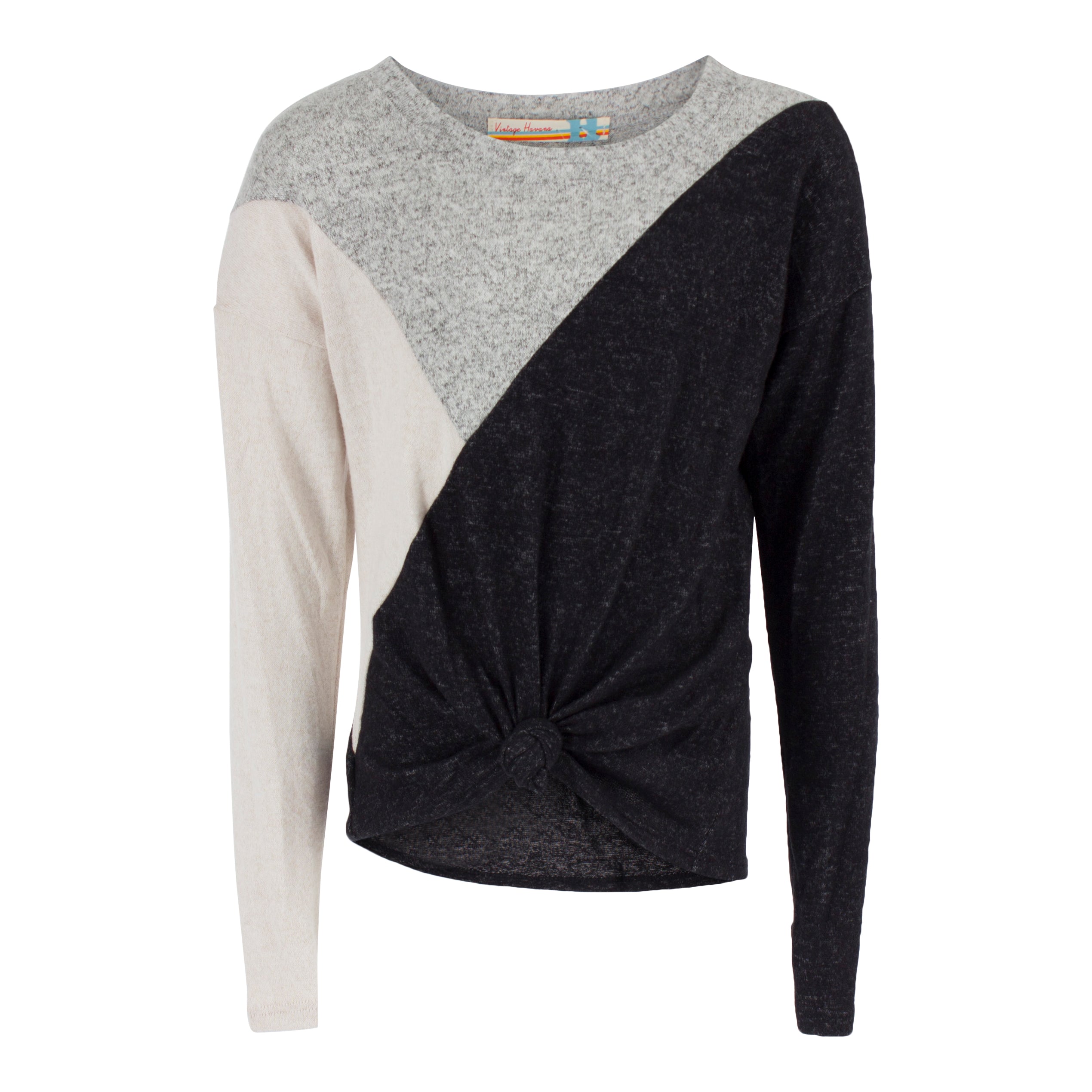 Color Block Tie Front Fleece Sweater - Denny's