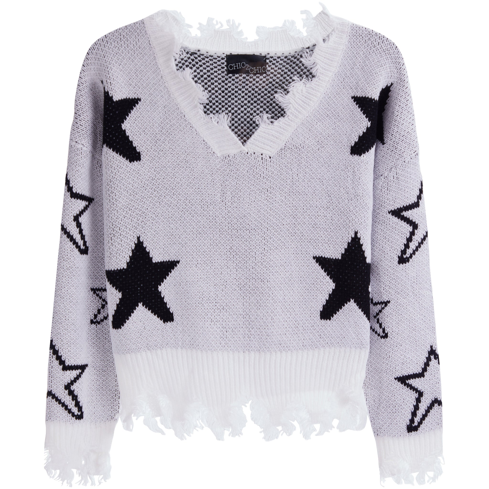 Black Stars V-neck Distressed Sweater - Denny's