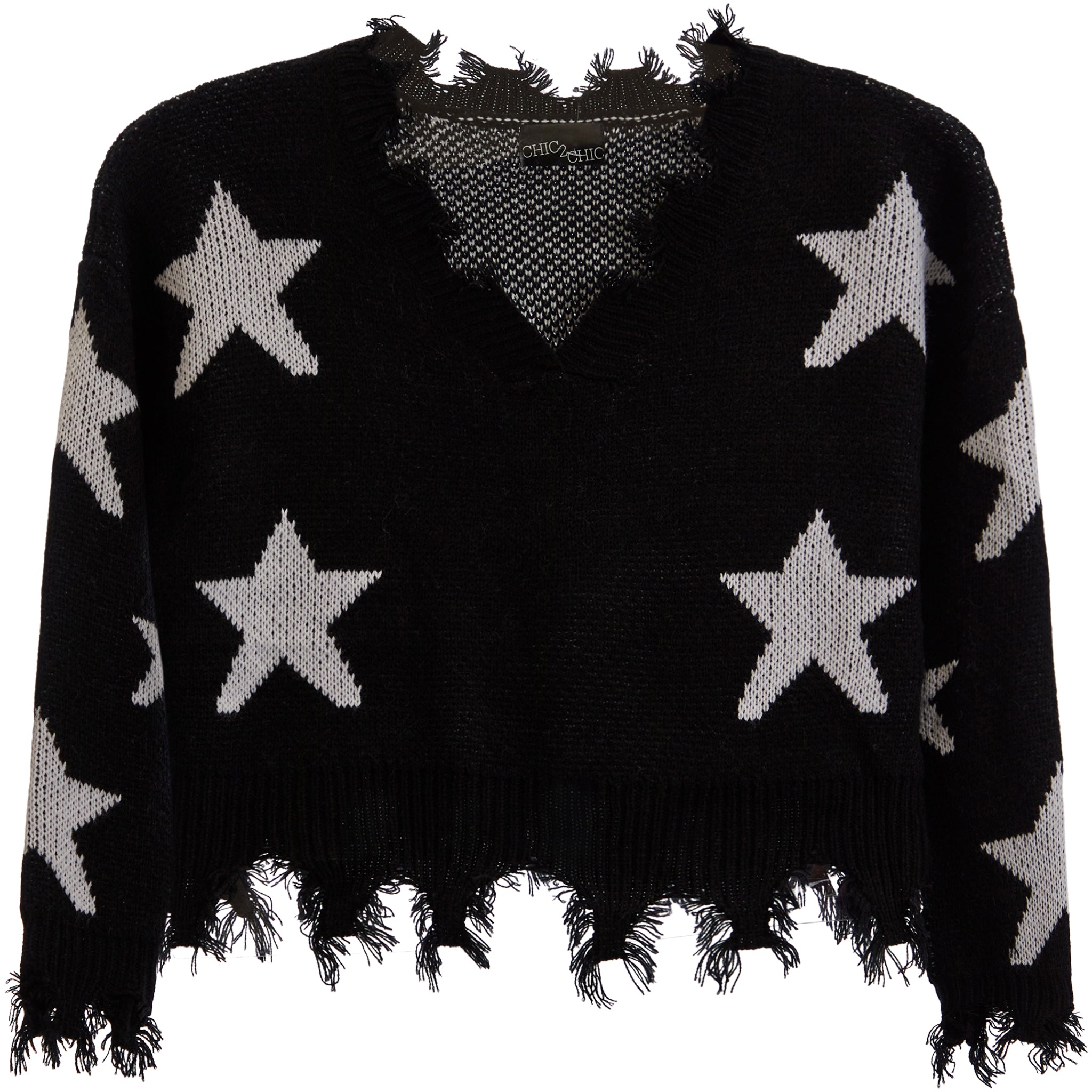 White Stars V-neck Distressed Sweater - Denny's
